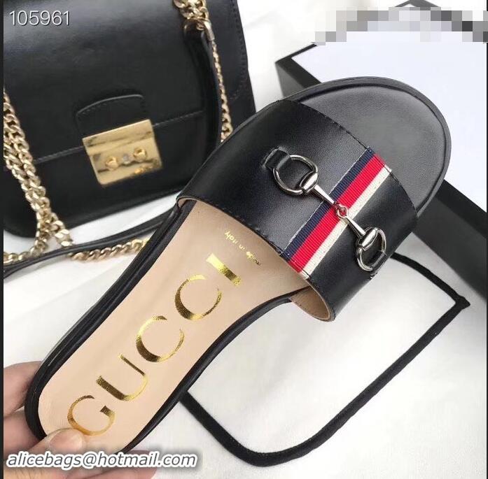 Newest Gucci Horsebit and Sylvie Web Flat Slides G932626 Black 2019