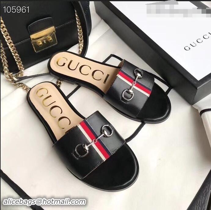 Newest Gucci Horsebit and Sylvie Web Flat Slides G932626 Black 2019