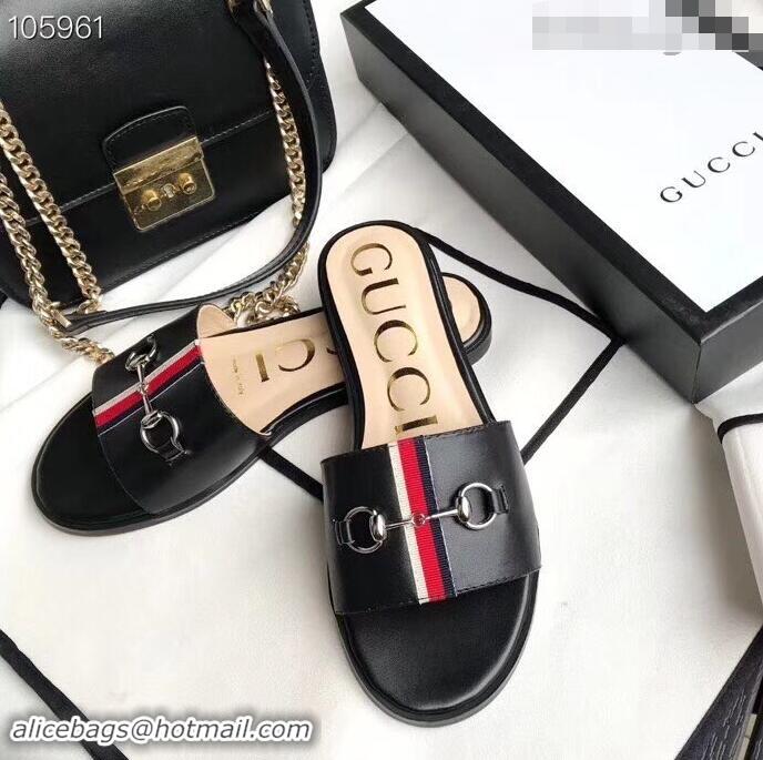 Newest Gucci Horsebit and Sylvie Web Flat Slides G932626 Black 2019