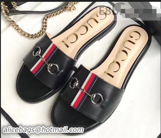 Newest Gucci Horsebit and Sylvie Web Flat Slides G932626 Black 2019