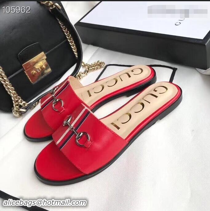 Cool Gucci Horsebit and Sylvie Web Flat Slides G932626 Red 2019