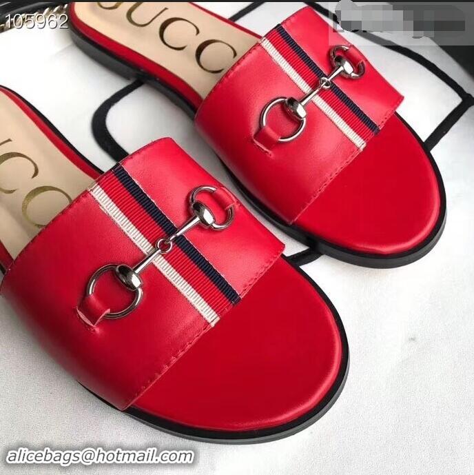 Cool Gucci Horsebit and Sylvie Web Flat Slides G932626 Red 2019