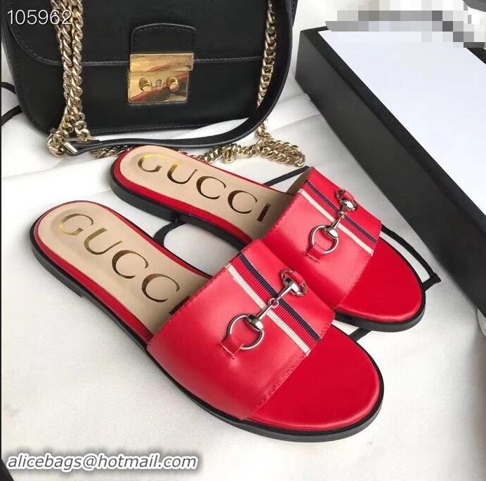 Cool Gucci Horsebit and Sylvie Web Flat Slides G932626 Red 2019