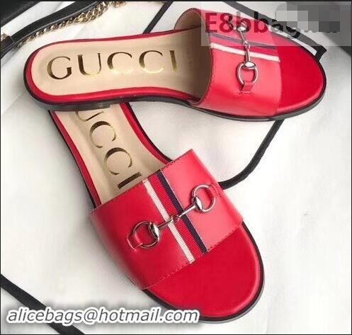 Cool Gucci Horsebit and Sylvie Web Flat Slides G932626 Red 2019