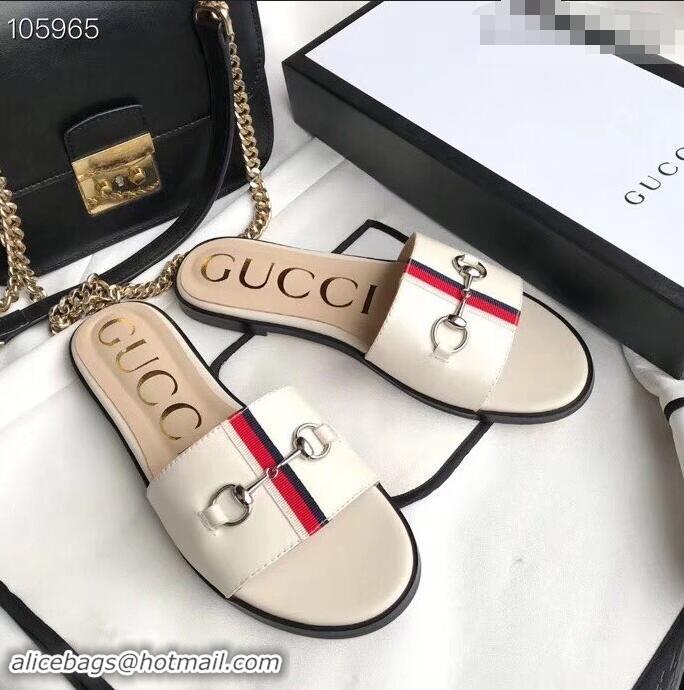 Cheapest Gucci Horsebit and Sylvie Web Flat Slides G932626 White 2019