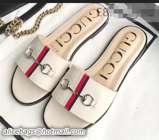 Cheapest Gucci Horsebit and Sylvie Web Flat Slides G932626 White 2019