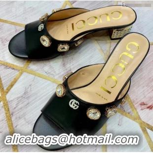 Top Sale Gucci Lyric GG Crystal Embellished Heel Moire Mules 940408 Black 2019