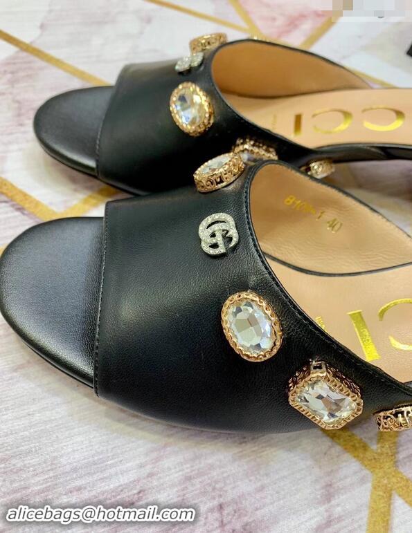 Top Sale Gucci Lyric GG Crystal Embellished Heel Moire Mules 940408 Black 2019