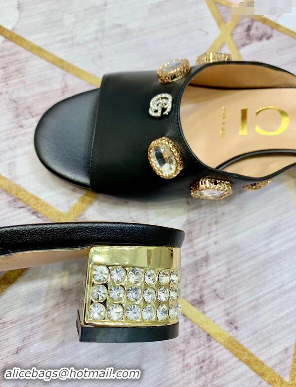 Top Sale Gucci Lyric GG Crystal Embellished Heel Moire Mules 940408 Black 2019