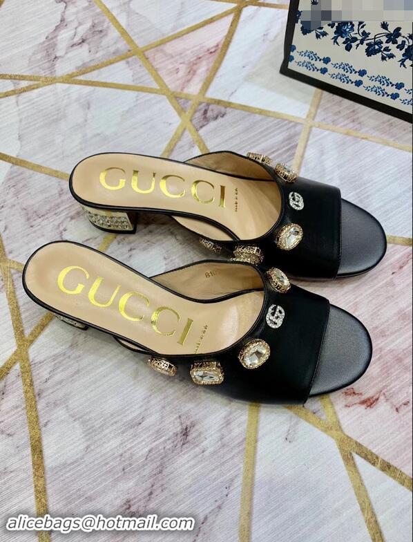 Top Sale Gucci Lyric GG Crystal Embellished Heel Moire Mules 940408 Black 2019