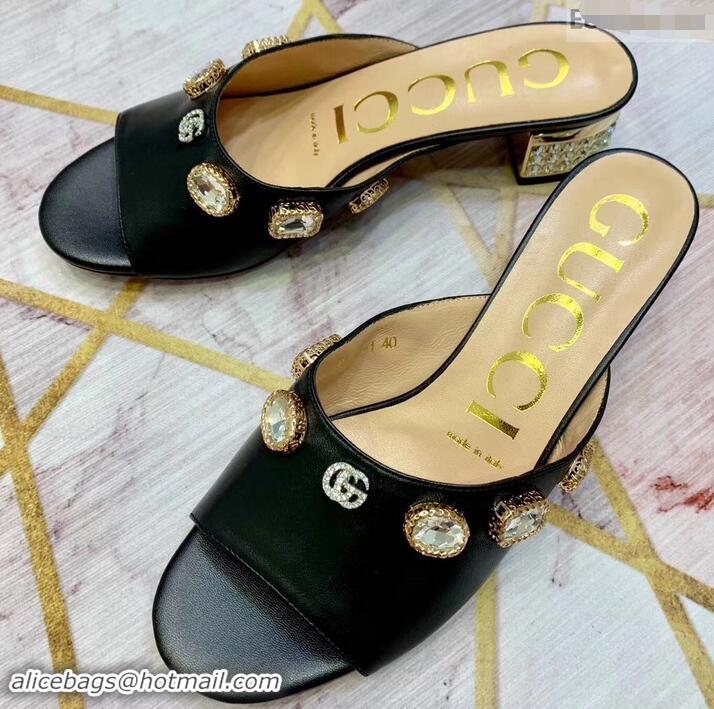 Top Sale Gucci Lyric GG Crystal Embellished Heel Moire Mules 940408 Black 2019