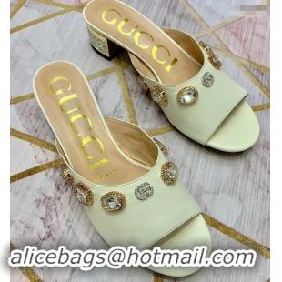 Discount Gucci Lyric GG Crystal Embellished Heel Moire Mules 940408 White ​2019