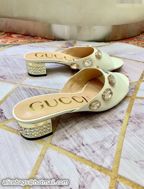 Discount Gucci Lyric GG Crystal Embellished Heel Moire Mules 940408 White ​2019