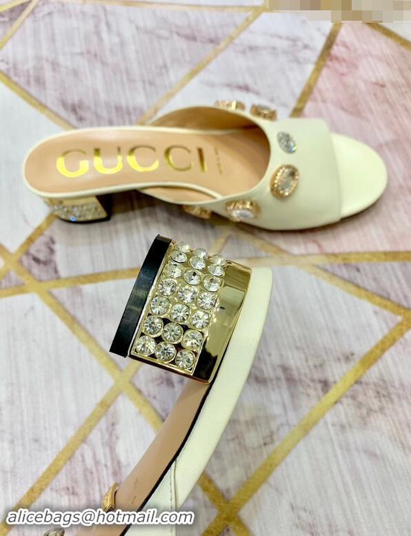 Discount Gucci Lyric GG Crystal Embellished Heel Moire Mules 940408 White ​2019