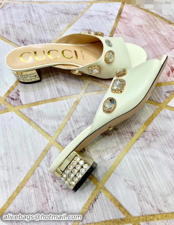 Discount Gucci Lyric GG Crystal Embellished Heel Moire Mules 940408 White ​2019