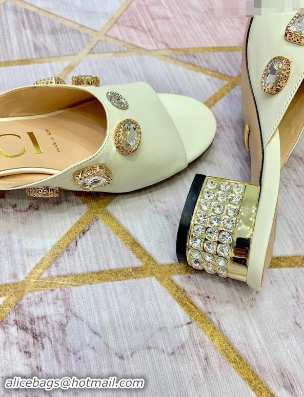 Discount Gucci Lyric GG Crystal Embellished Heel Moire Mules 940408 White ​2019