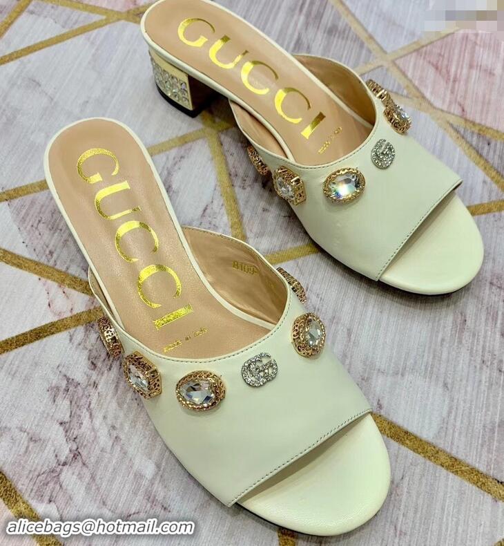 Discount Gucci Lyric GG Crystal Embellished Heel Moire Mules 940408 White ​2019