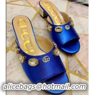 Fashion Gucci Lyric GG Crystal Embellished Heel Moire Mules 940408 Blue 2019