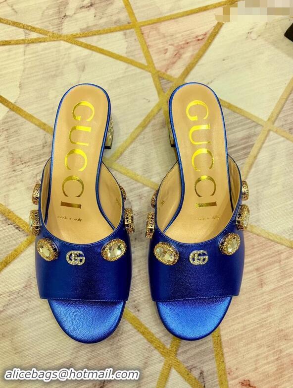 Fashion Gucci Lyric GG Crystal Embellished Heel Moire Mules 940408 Blue 2019