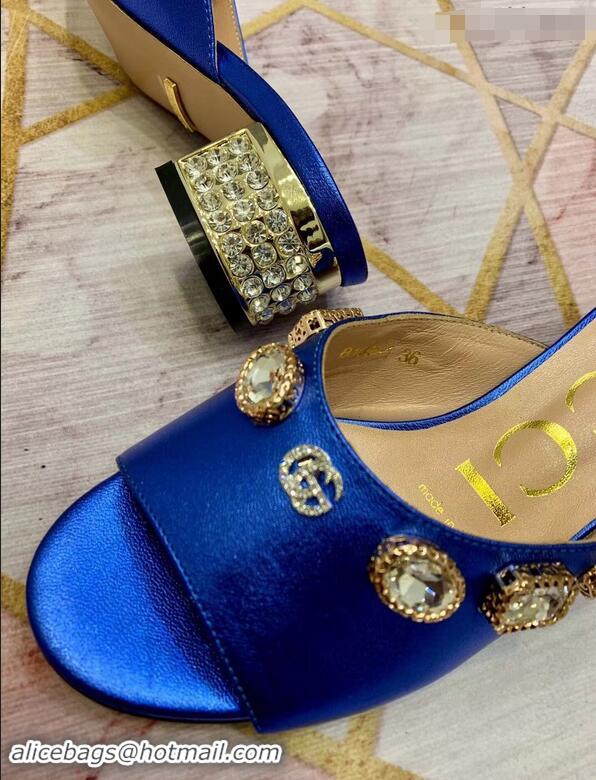 Fashion Gucci Lyric GG Crystal Embellished Heel Moire Mules 940408 Blue 2019