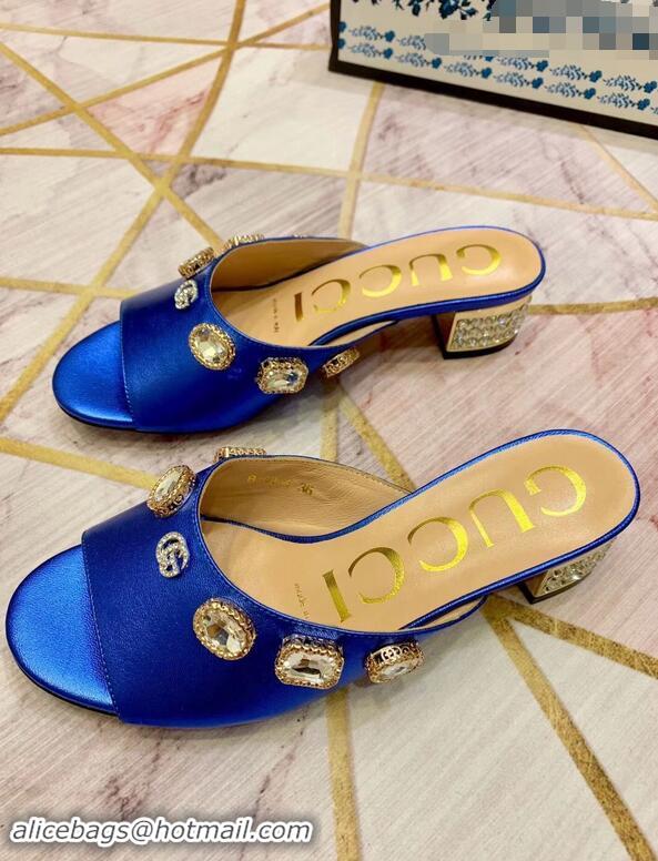 Fashion Gucci Lyric GG Crystal Embellished Heel Moire Mules 940408 Blue 2019