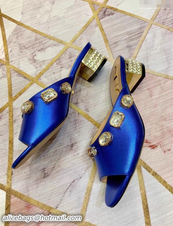 Fashion Gucci Lyric GG Crystal Embellished Heel Moire Mules 940408 Blue 2019