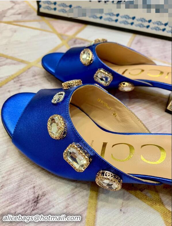 Fashion Gucci Lyric GG Crystal Embellished Heel Moire Mules 940408 Blue 2019