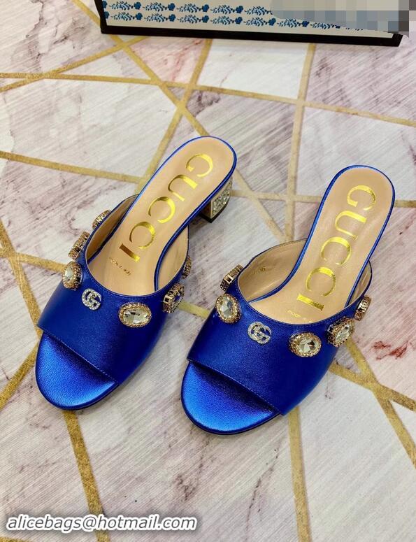 Fashion Gucci Lyric GG Crystal Embellished Heel Moire Mules 940408 Blue 2019