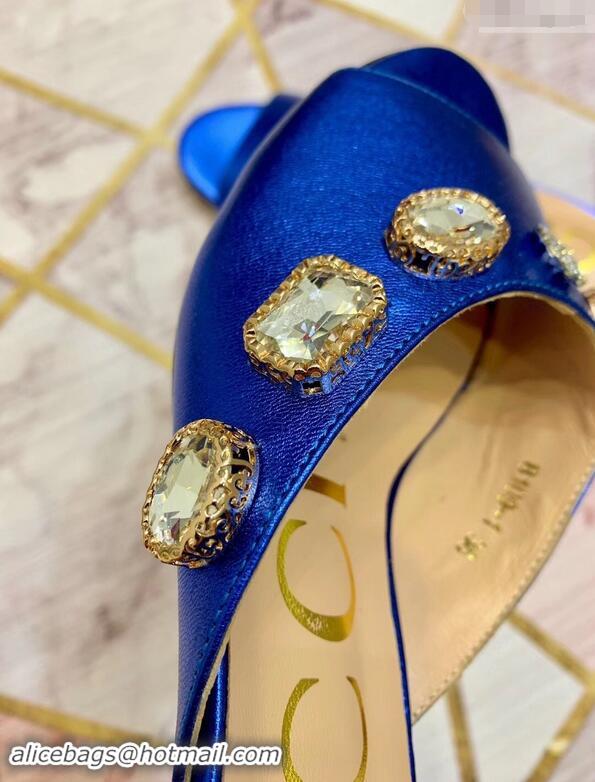 Fashion Gucci Lyric GG Crystal Embellished Heel Moire Mules 940408 Blue 2019