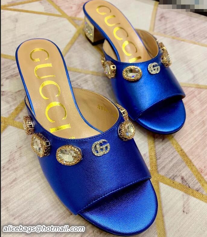 Fashion Gucci Lyric GG Crystal Embellished Heel Moire Mules 940408 Blue 2019