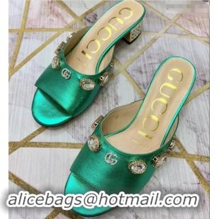 Low Price Gucci Lyric GG Crystal Embellished Heel Moire Mules 940408 Green 2019