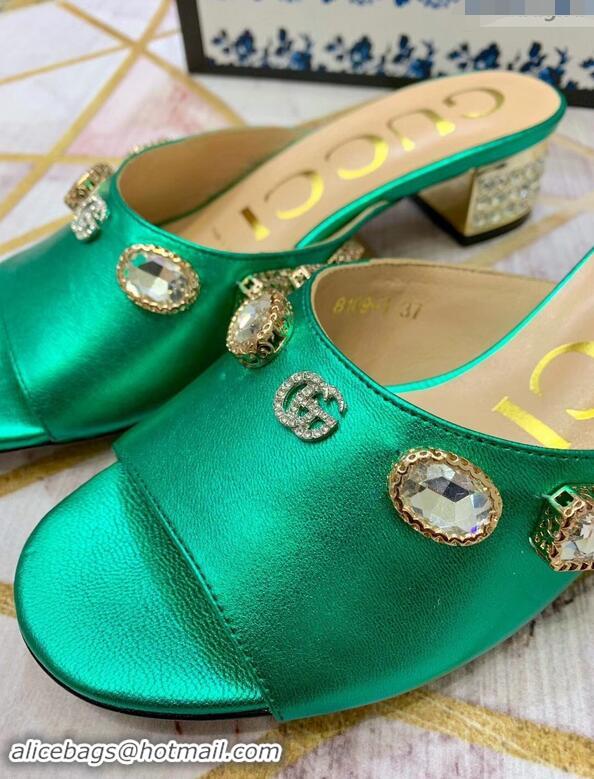 Low Price Gucci Lyric GG Crystal Embellished Heel Moire Mules 940408 Green 2019