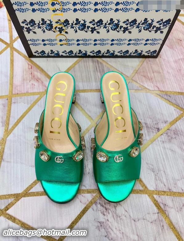 Low Price Gucci Lyric GG Crystal Embellished Heel Moire Mules 940408 Green 2019