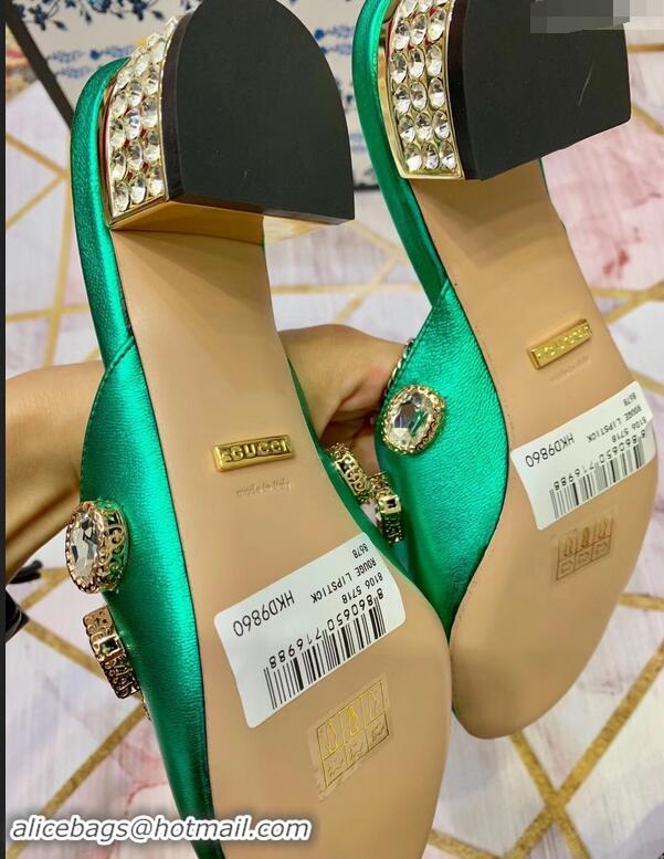 Low Price Gucci Lyric GG Crystal Embellished Heel Moire Mules 940408 Green 2019