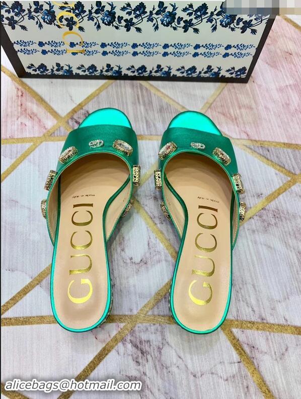 Low Price Gucci Lyric GG Crystal Embellished Heel Moire Mules 940408 Green 2019