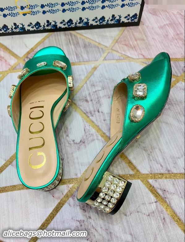 Low Price Gucci Lyric GG Crystal Embellished Heel Moire Mules 940408 Green 2019