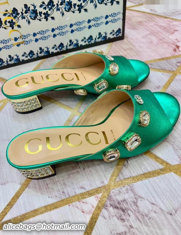 Low Price Gucci Lyric GG Crystal Embellished Heel Moire Mules 940408 Green 2019