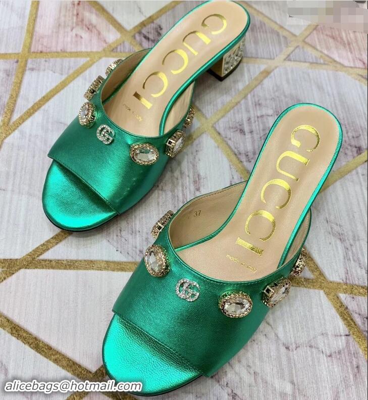 Low Price Gucci Lyric GG Crystal Embellished Heel Moire Mules 940408 Green 2019