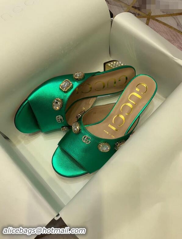 Low Price Gucci Lyric GG Crystal Embellished Heel Moire Mules 940408 Green 2019