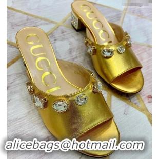 Cheap Gucci Lyric GG Crystal Embellished Heel Moire Mules 940408 Gold 2019