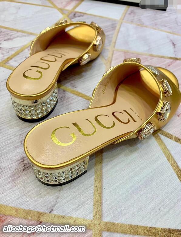 Cheap Gucci Lyric GG Crystal Embellished Heel Moire Mules 940408 Gold 2019