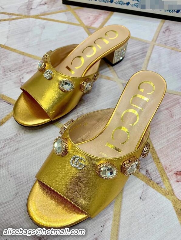 Cheap Gucci Lyric GG Crystal Embellished Heel Moire Mules 940408 Gold 2019