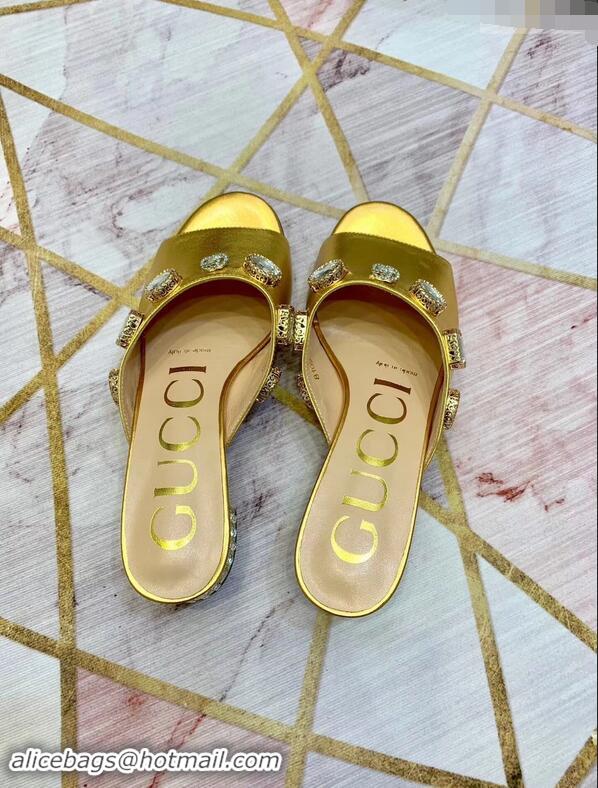 Cheap Gucci Lyric GG Crystal Embellished Heel Moire Mules 940408 Gold 2019