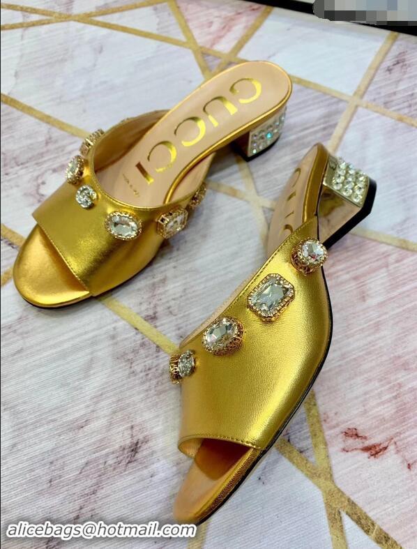 Cheap Gucci Lyric GG Crystal Embellished Heel Moire Mules 940408 Gold 2019