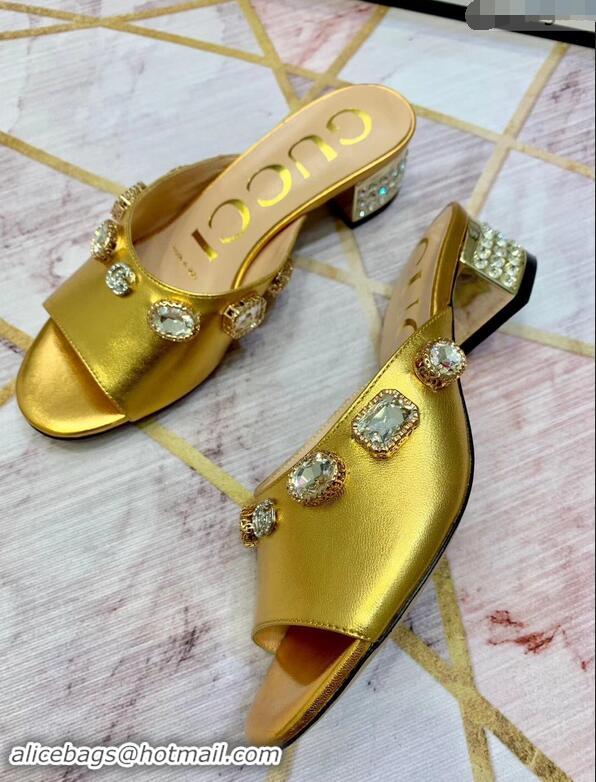 Cheap Gucci Lyric GG Crystal Embellished Heel Moire Mules 940408 Gold 2019