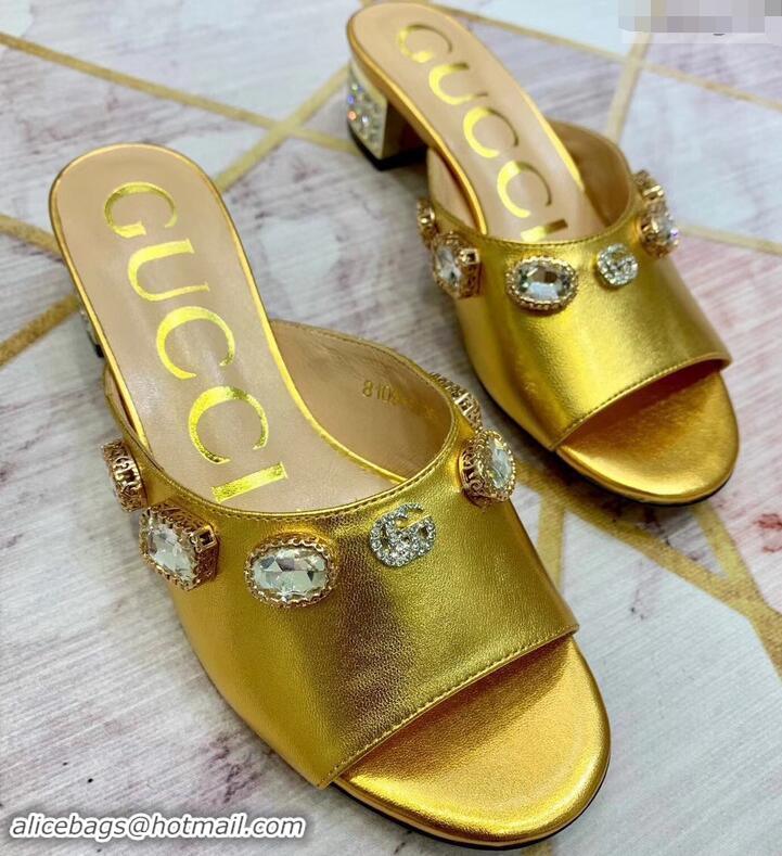 Cheap Gucci Lyric GG Crystal Embellished Heel Moire Mules 940408 Gold 2019