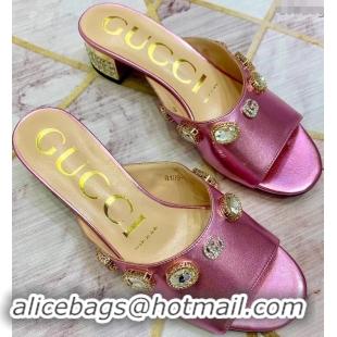 New Design Gucci Lyric GG Crystal Embellished Heel Moire Mules 940408 Fuchsia 2019