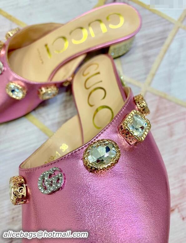 New Design Gucci Lyric GG Crystal Embellished Heel Moire Mules 940408 Fuchsia 2019