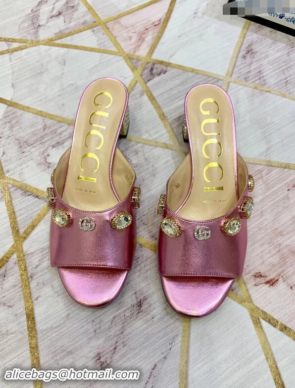 New Design Gucci Lyric GG Crystal Embellished Heel Moire Mules 940408 Fuchsia 2019