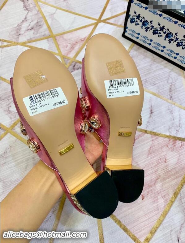 New Design Gucci Lyric GG Crystal Embellished Heel Moire Mules 940408 Fuchsia 2019